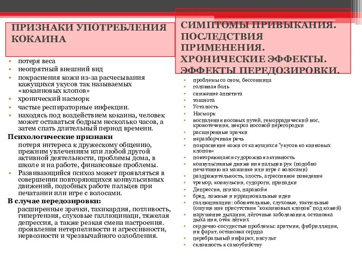 ПРИЗНАКИ УПОТРЕБЛЕНИЯ КОКАИНА СИМПТОМЫ ПРИВЫКАНИЯ. ПОСЛЕДСТВИЯ ПРИМЕНЕНИЯ. ХРОНИЧЕСКИЕ ЭФФЕКТЫ. ЭФФЕКТЫ