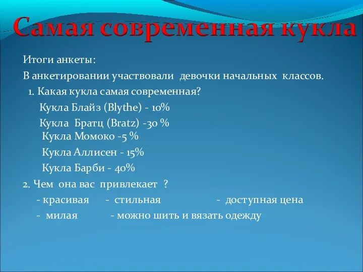 Итоги анкеты: В анкетировании участвовали девочки начальных классов. 1. Какая