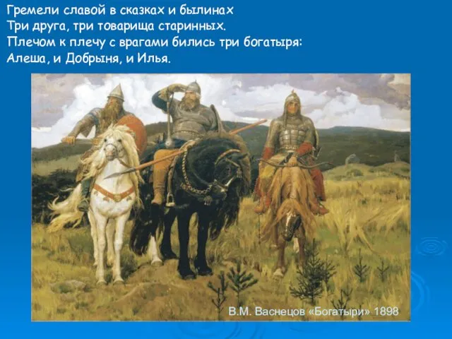 В.М. Васнецов «Богатыри» 1898 Гремели славой в сказках и былинах