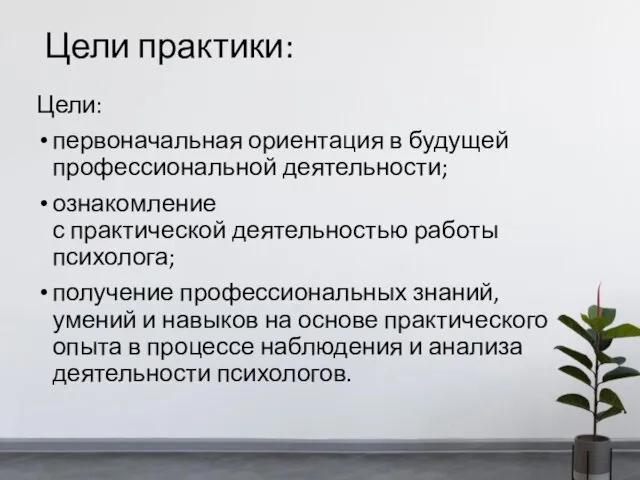 Цели практики: Цели: первоначальная ориентация в будущей профессиональной деятельности; ознакомление с практической деятельностью