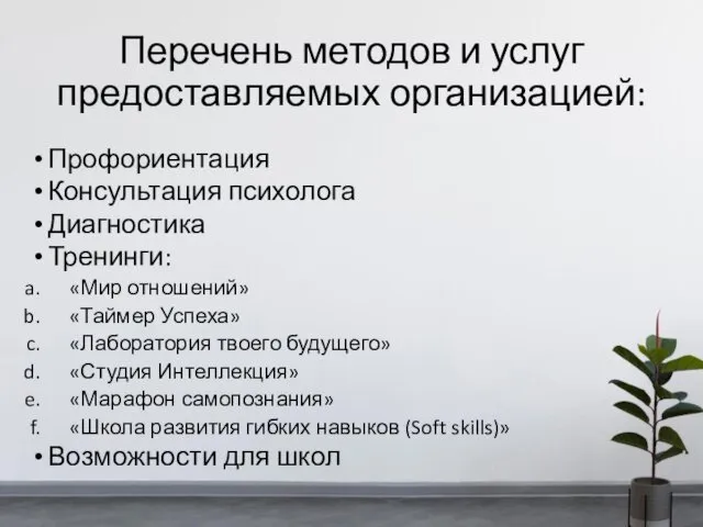 Перечень методов и услуг предоставляемых организацией: Профориентация Консультация психолога Диагностика Тренинги: «Мир отношений»