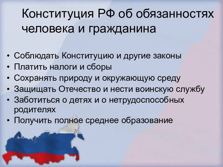 Конституция РФ об обязанностях человека и гражданина Соблюдать Конституцию и