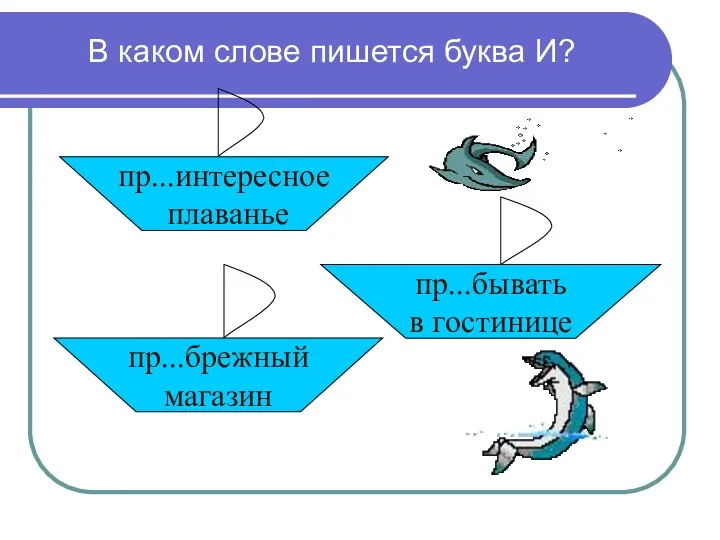 В каком слове пишется буква И? пр...интересное плаванье пр...брежный магазин пр...бывать в гостинице