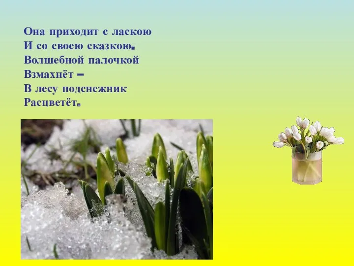 Она приходит с ласкою И со своею сказкою. Волшебной палочкой Взмахнёт – В лесу подснежник Расцветёт.