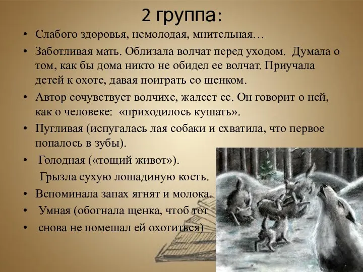 2 группа: Слабого здоровья, немолодая, мнительная… Заботливая мать. Облизала волчат