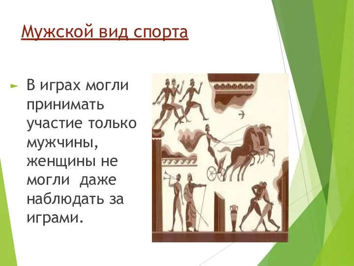 Мужской вид спорта В играх могли принимать участие только мужчины,