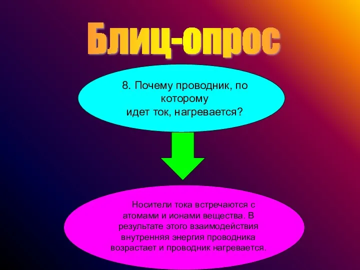 Блиц-опрос 8. Почему проводник, по которому идет ток, нагревается? Носители