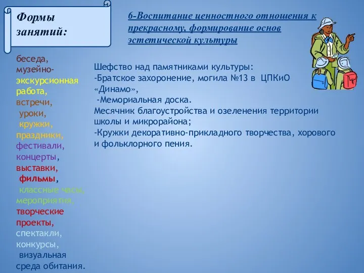 Шефство над памятниками культуры: -Братское захоронение, могила №13 в ЦПКиО «Динамо», -Мемориальная доска.