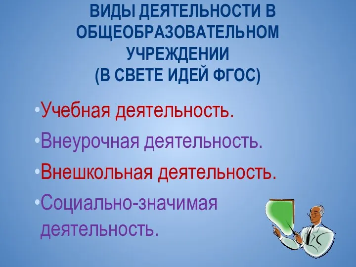 ВИДЫ ДЕЯТЕЛЬНОСТИ В ОБЩЕОБРАЗОВАТЕЛЬНОМ УЧРЕЖДЕНИИ (В СВЕТЕ ИДЕЙ ФГОС) Учебная деятельность. Внеурочная деятельность.