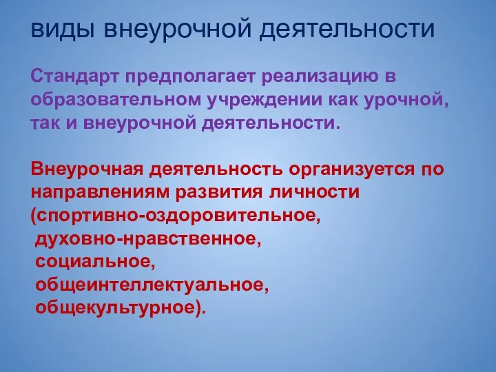 виды внеурочной деятельности Стандарт предполагает реализацию в образовательном учреждении как урочной, так и