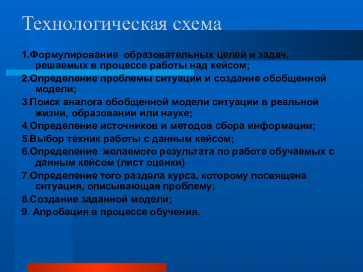 Технологическая схема 1.Формулирование образовательных целей и задач, решаемых в процессе