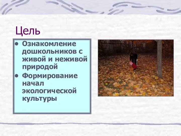 Цель Ознакомление дошкольников с живой и неживой природой Формирование начал экологической культуры