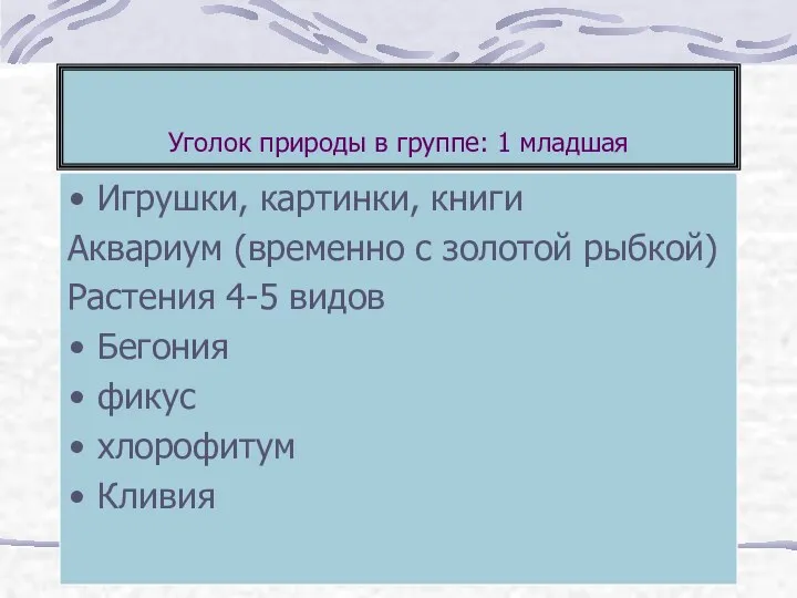 Уголок природы в группе: 1 младшая Игрушки, картинки, книги Аквариум