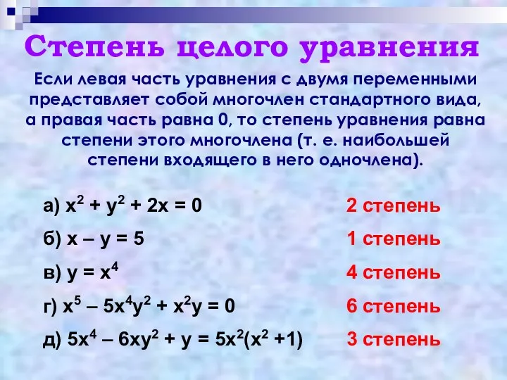 Степень целого уравнения Если левая часть уравнения с двумя переменными представляет собой многочлен