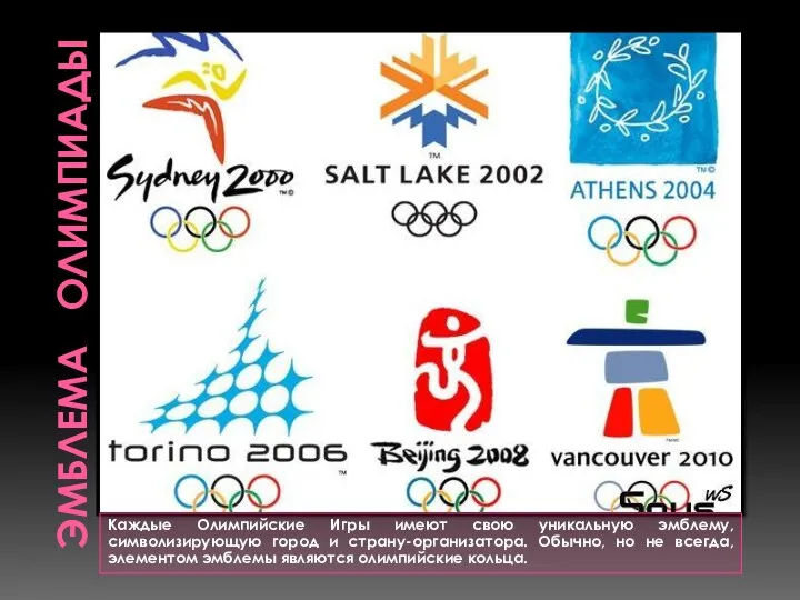 Эмблема олимпиады Каждые Олимпийские Игры имеют свою уникальную эмблему, символизирующую