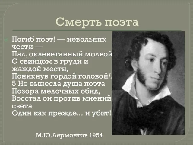 Смерть поэта Погиб поэт! — невольник чести — Пал, оклеветанный