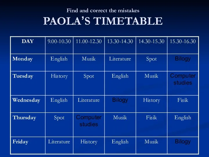 Find and correct the mistakes PAOLA’S TIMETABLE