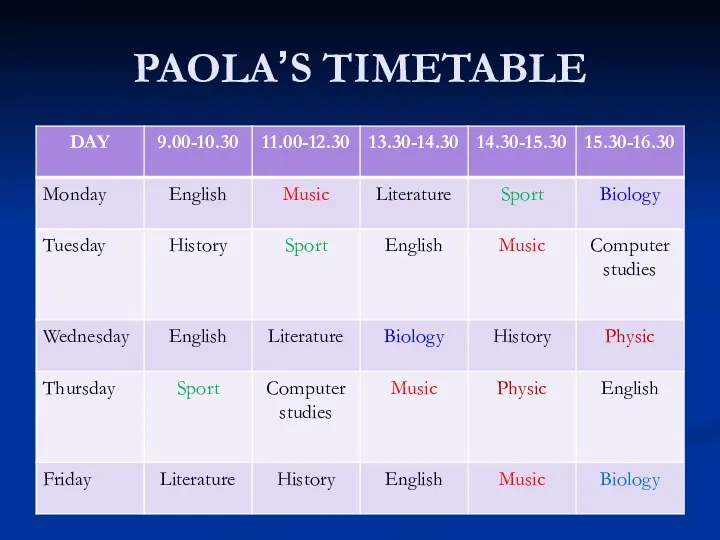 PAOLA’S TIMETABLE