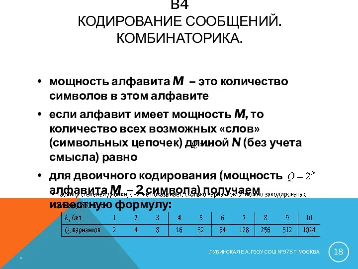 B4 КОДИРОВАНИЕ СООБЩЕНИЙ. КОМБИНАТОРИКА. мощность алфавита M – это количество