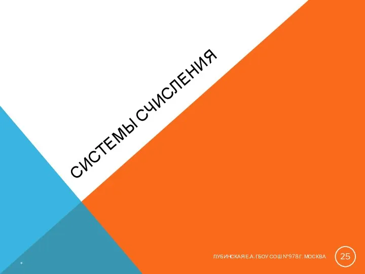 СИСТЕМЫ СЧИСЛЕНИЯ * ЛУБИНСКАЯ Е.А. ГБОУ СОШ №978 Г. МОСКВА