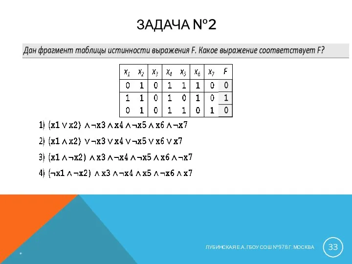 ЗАДАЧА №2 * ЛУБИНСКАЯ Е.А. ГБОУ СОШ №978 Г. МОСКВА