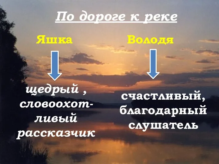 По дороге к реке Яшка Володя щедрый , словоохот-ливый рассказчик счастливый, благодарный слушатель