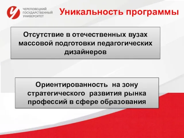 Уникальность программы Ориентированность на зону стратегического развития рынка профессий в