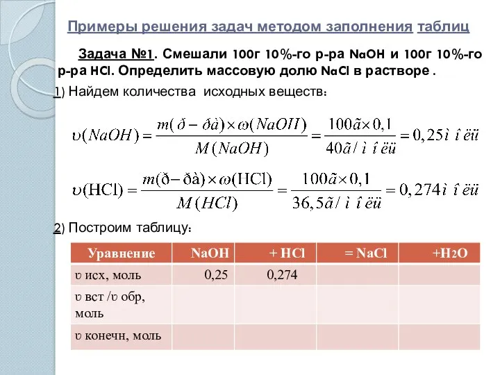 Примеры решения задач методом заполнения таблиц Задача №1. Смешали 100г