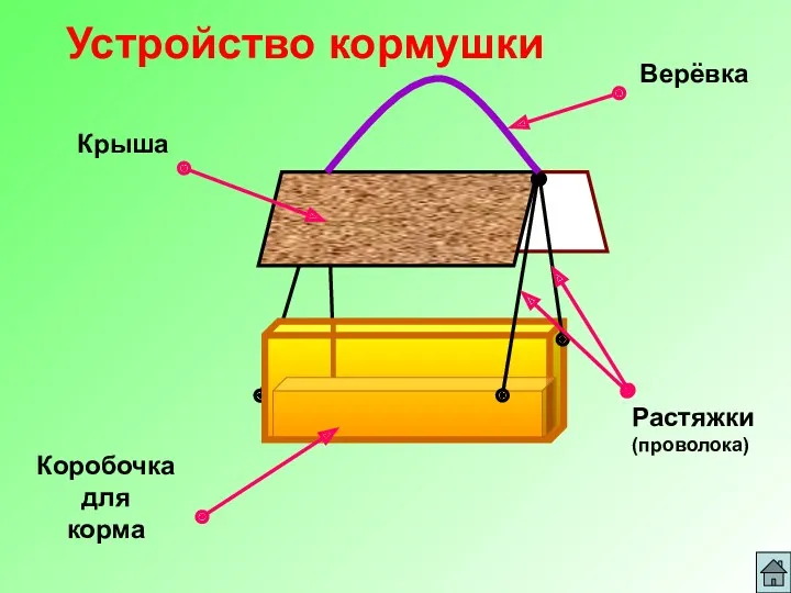 Крыша Коробочка для корма Растяжки (проволока) Верёвка Устройство кормушки