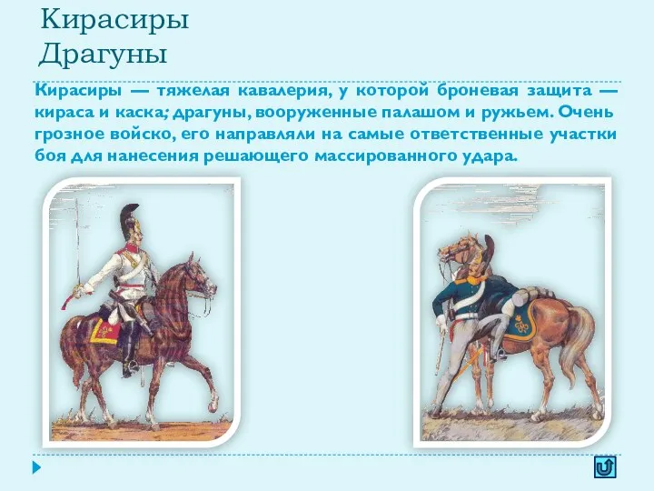 Кирасиры Драгуны Кирасиры — тяжелая кавалерия, у которой броневая защита — кираса и