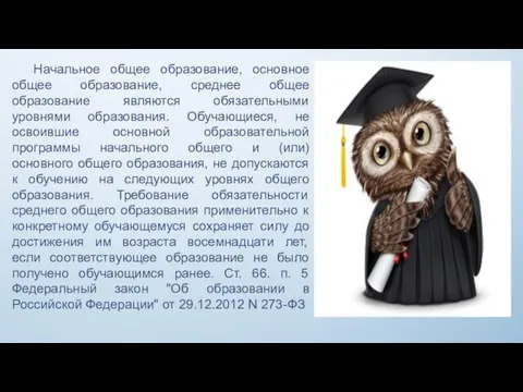 Начальное общее образование, основное общее образование, среднее общее образование являются обязательными уровнями образования.