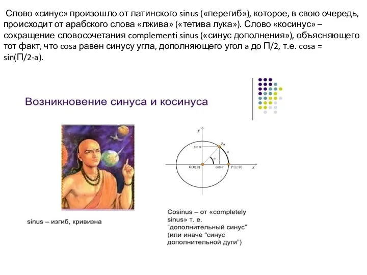 Слово «синус» произошло от латинского sinus («перегиб»), которое, в свою очередь, происходит от