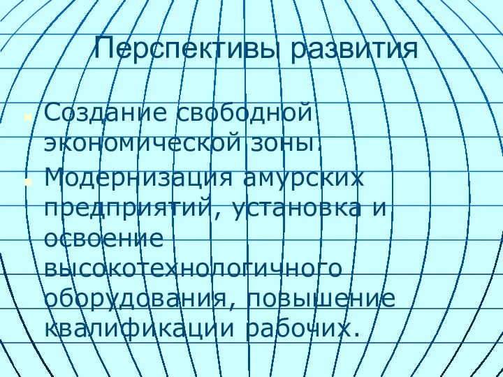 Перспективы развития Создание свободной экономической зоны. Модернизация амурских предприятий, установка