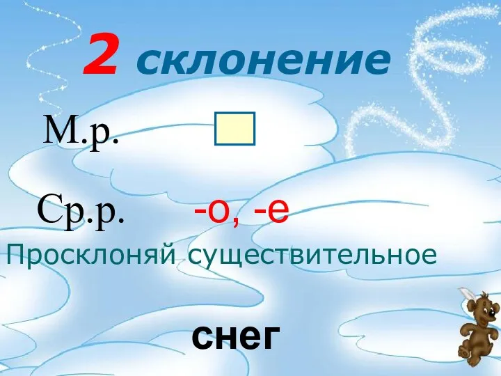 2 склонение М.р. Ср.р. -о, -е Просклоняй существительное снег