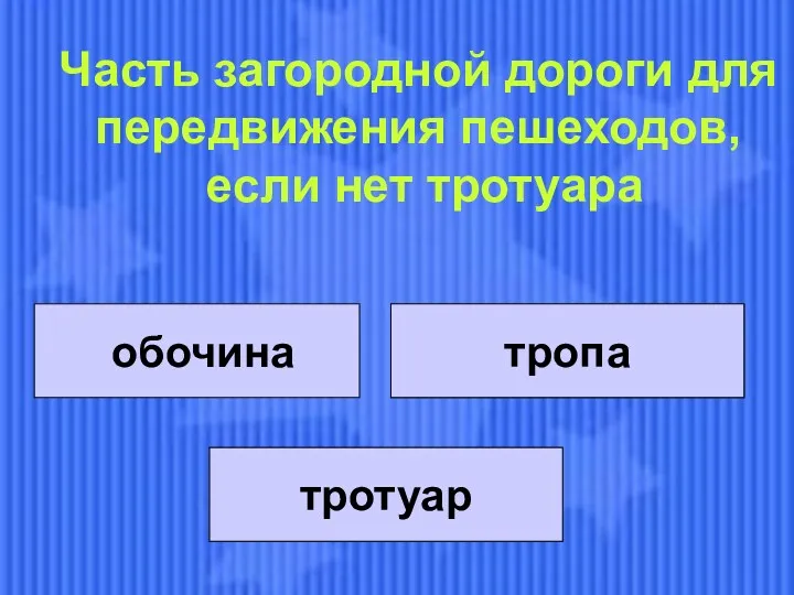 обочина обочина тропа тротуар Часть загородной дороги для передвижения пешеходов, если нет тротуара тропа тротуар