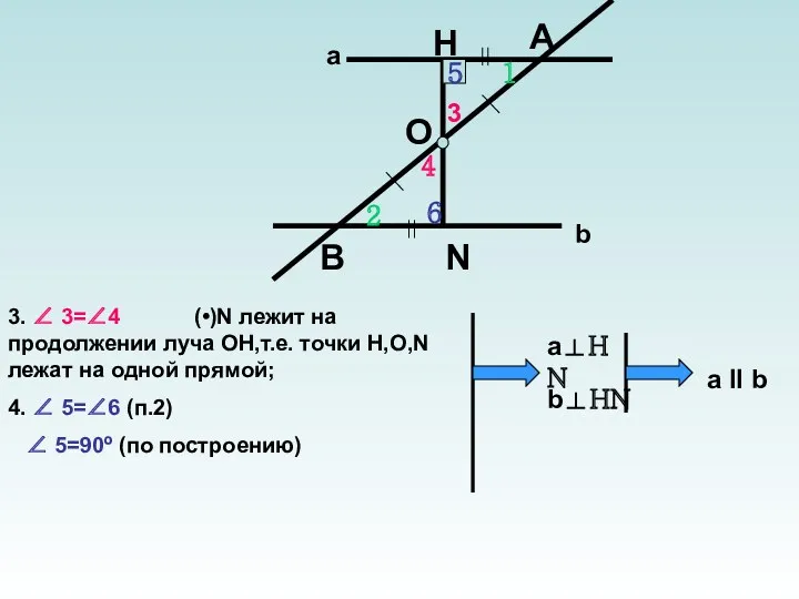 3. ∠ 3=∠4 (•)N лежит на продолжении луча ОН,т.е. точки