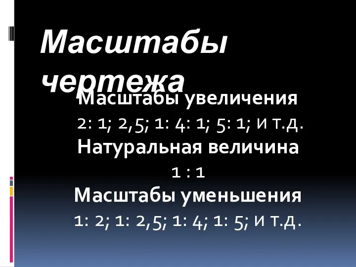 Масштабы чертежа Масштабы увеличения 2: 1; 2,5; 1: 4: 1; 5: 1; и