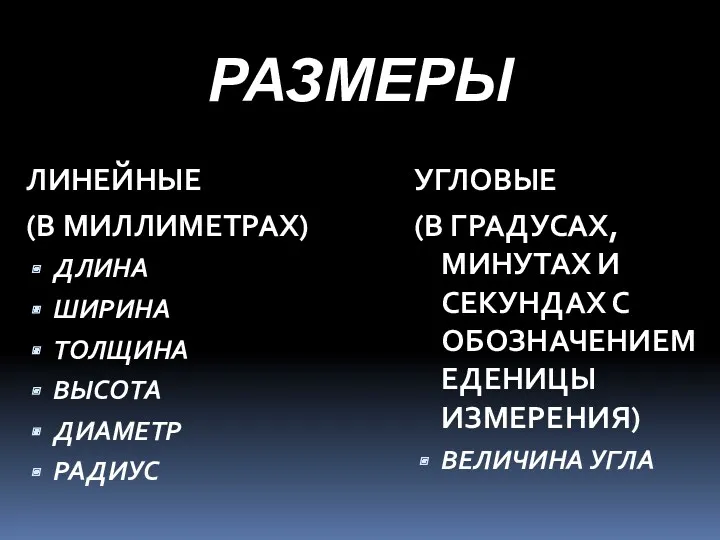 РАЗМЕРЫ ЛИНЕЙНЫЕ (В МИЛЛИМЕТРАХ) ДЛИНА ШИРИНА ТОЛЩИНА ВЫСОТА ДИАМЕТР РАДИУС