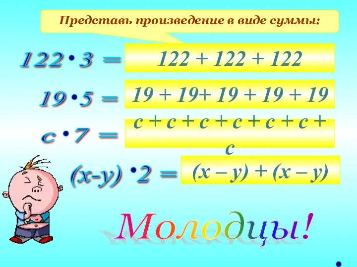 Представь произведение в виде суммы: 122 + 122 + 122