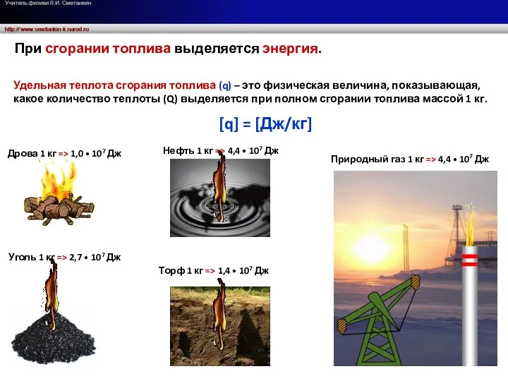 При сгорании топлива выделяется энергия. Удельная теплота сгорания топлива (q)