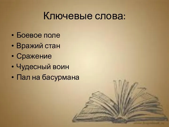 Ключевые слова: Боевое поле Вражий стан Сражение Чудесный воин Пал на басурмана