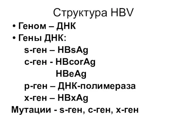 Структура HBV Геном – ДНК Гены ДНК: s-ген – HBsAg с-ген - HBcorAg