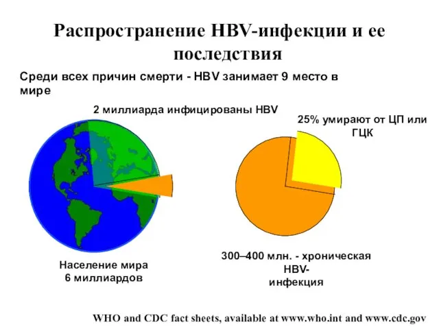 WHO and CDC fact sheets, available at www.who.int and www.cdc.gov Распространение HBV-инфекции и
