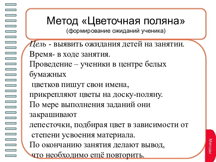 Метод «Цветочная поляна» (формирование ожиданий ученика) Цель - выявить ожидания