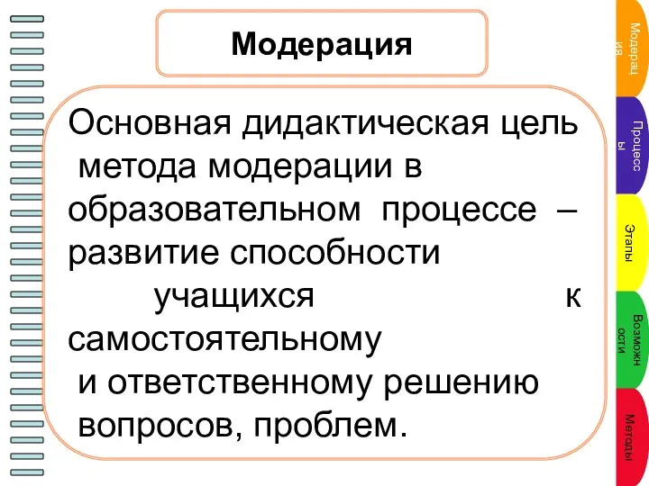 Модерация Основная дидактическая цель метода модерации в образовательном процессе –