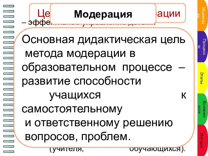 Цели применения модерации – эффективное управление детьми в процессе занятия,