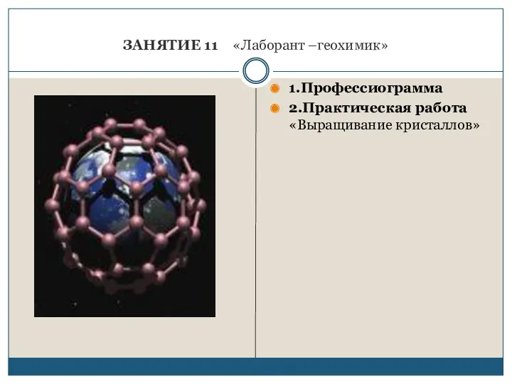 ЗАНЯТИЕ 11 «Лаборант –геохимик» 1.Профессиограмма 2.Практическая работа «Выращивание кристаллов»