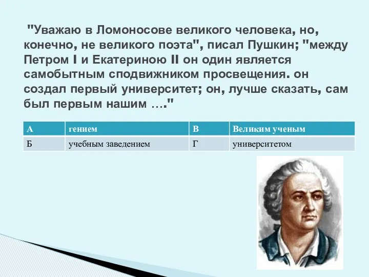 "Уважаю в Ломоносове великого человека, но, конечно, не великого поэта",