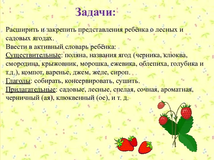 Задачи: Расширить и закрепить представления ребёнка о лесных и садовых