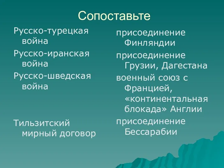 Сопоставьте Русско-турецкая война Русско-иранская война Русско-шведская война Тильзитский мирный договор